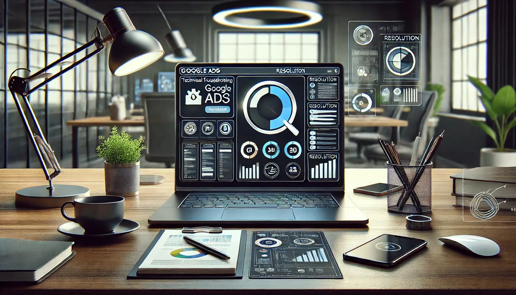 Modern office setup with a laptop displaying a digital dashboard, surrounded by professional tools like a smartphone, coffee cup, and notepad, representing technical troubleshooting during a Google Ads outage.