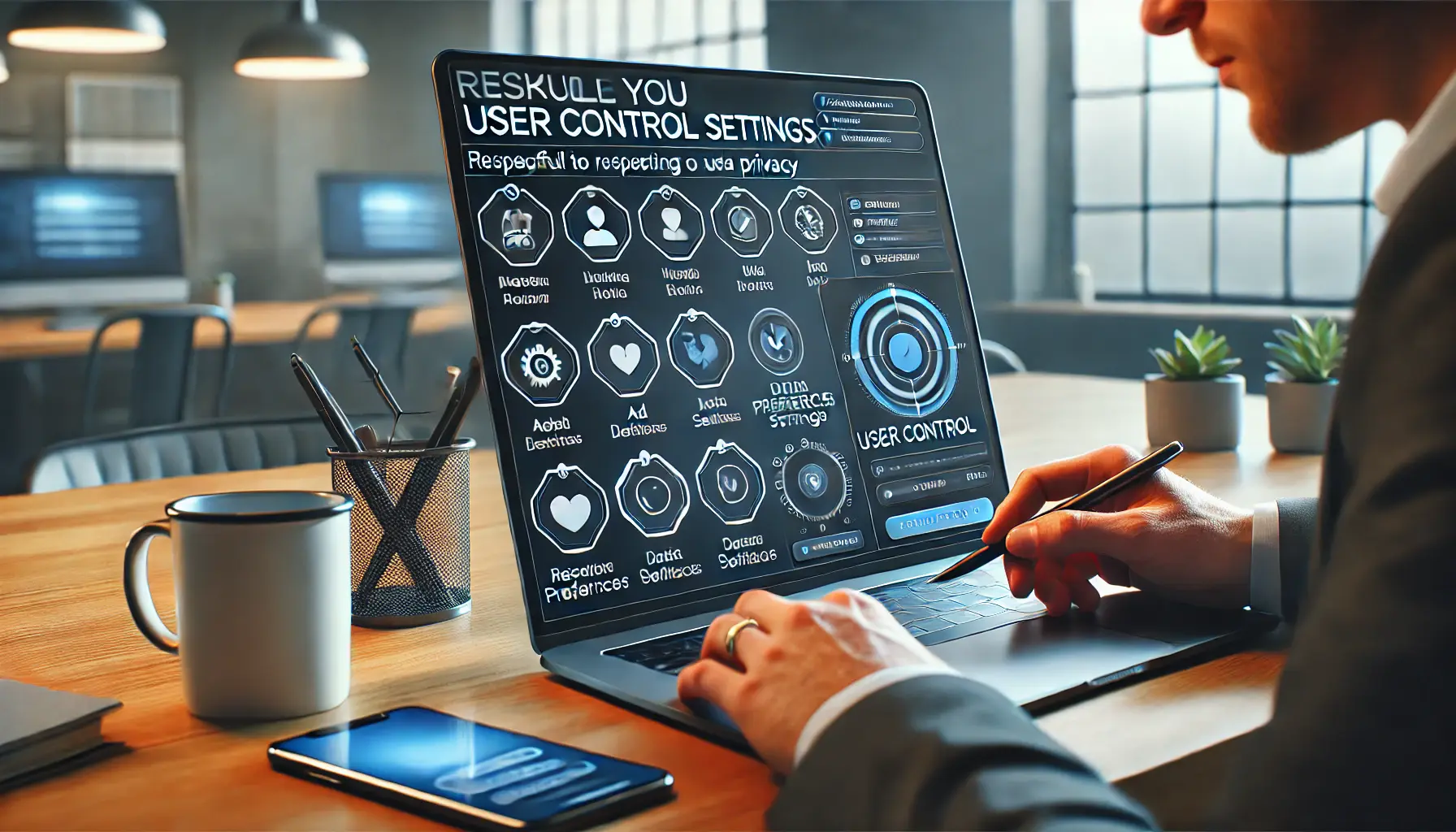 A digital marketer reviewing user control settings on a screen, showing options for managing ad preferences and data privacy.