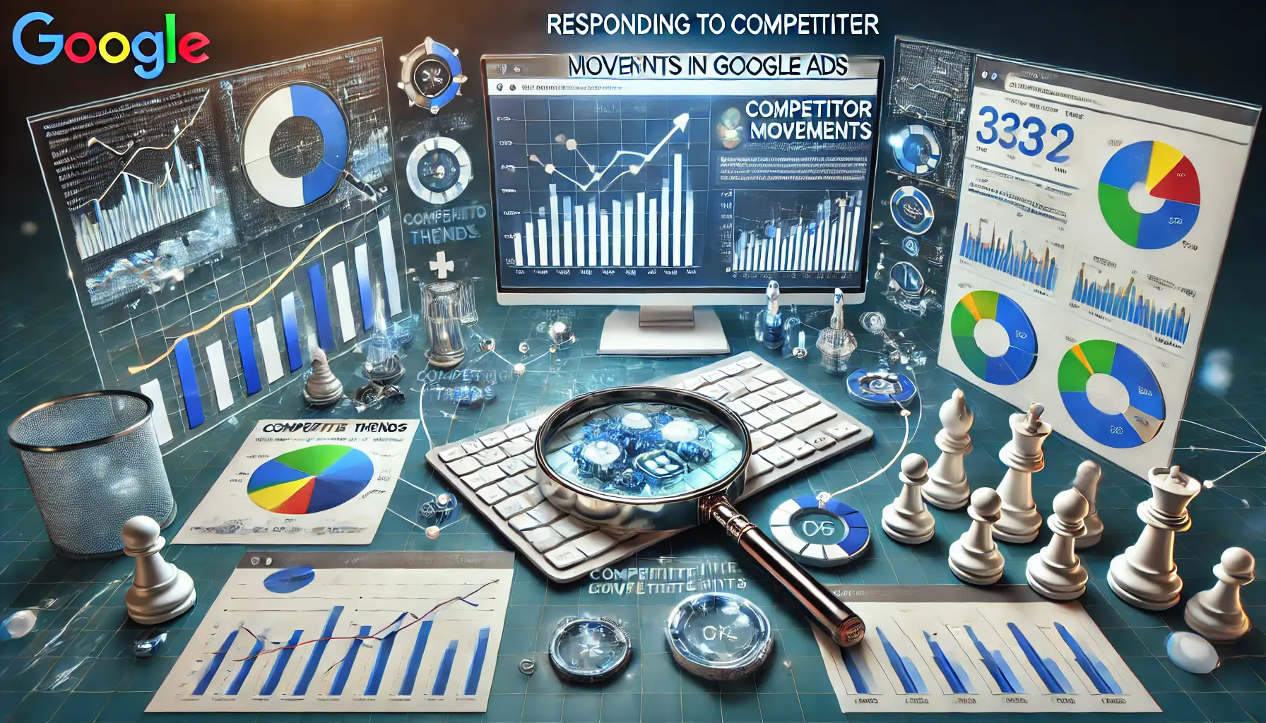 A digital dashboard displaying competitor trends and performance metrics, surrounded by elements like magnifying glasses, chess pieces, and arrows symbolizing strategic responses.