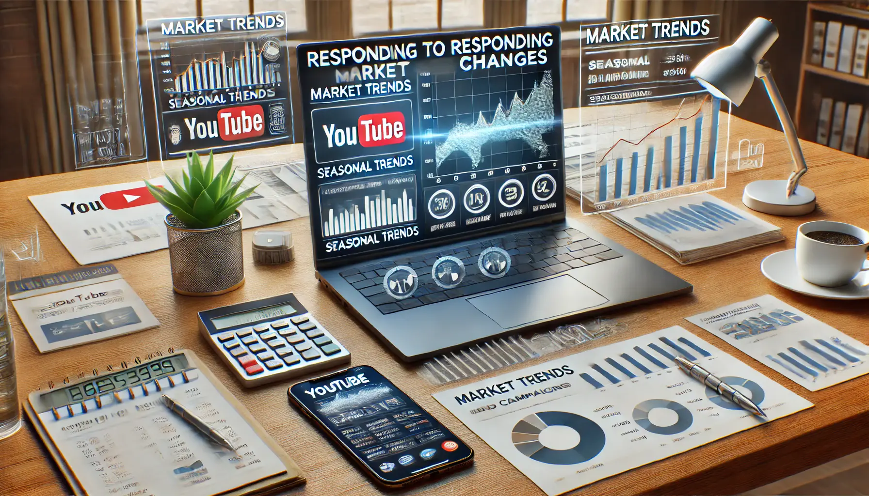 A workspace with a laptop displaying a market trends dashboard, showing audience behavior and performance fluctuations, along with financial documents, a smartphone, a calculator, and a cup of coffee, symbolizing responding to market changes in YouTube ad campaigns.