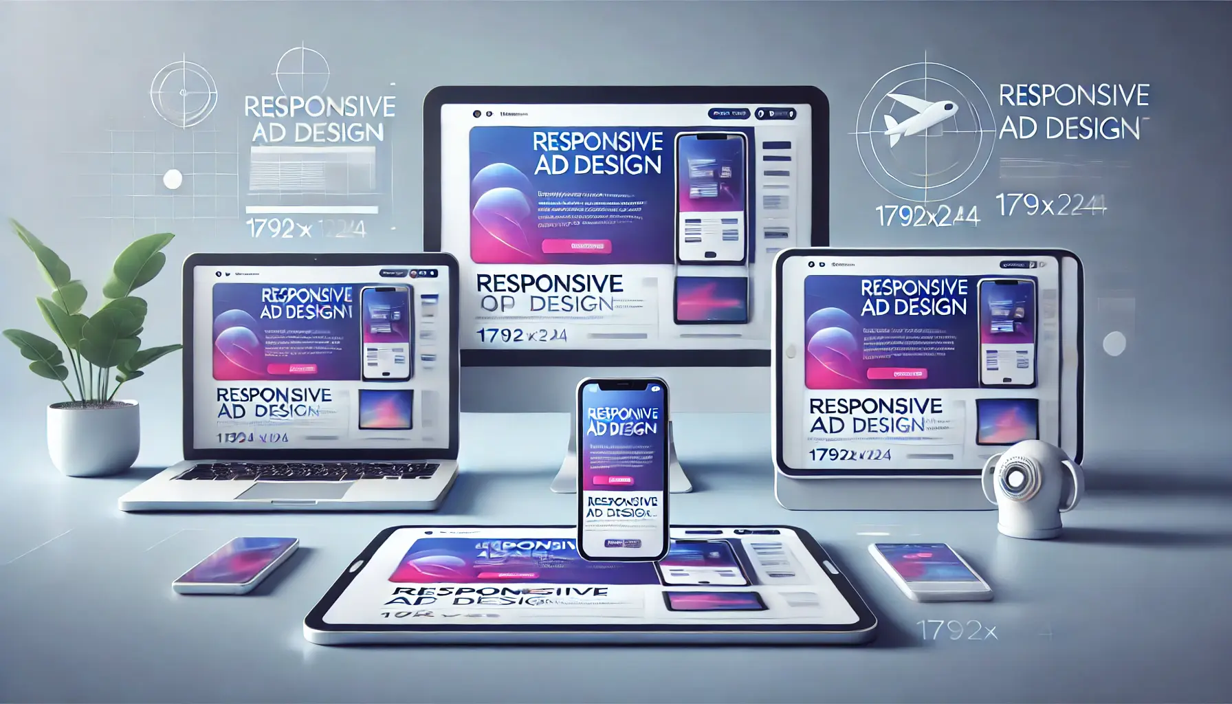 An illustration of responsive ad designs displayed across different devices, including a computer screen, tablet, and smartphone.