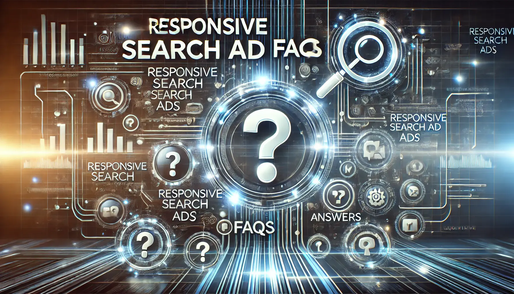 Representation of responsive search ad FAQs with interactive elements like question marks and search icons.