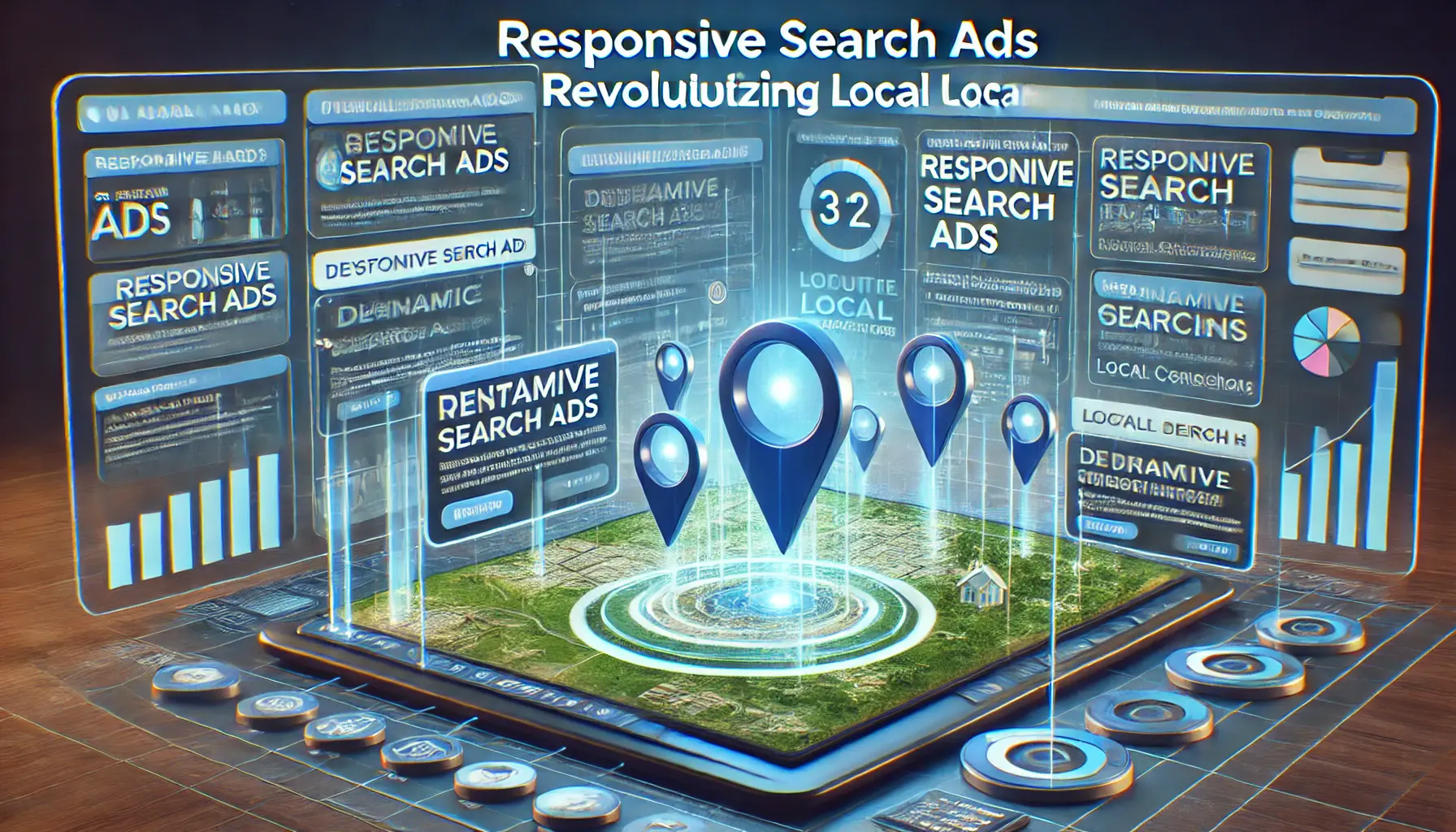 A digital dashboard displaying dynamic responsive search ads being optimized for local campaigns, with a map and targeting markers.