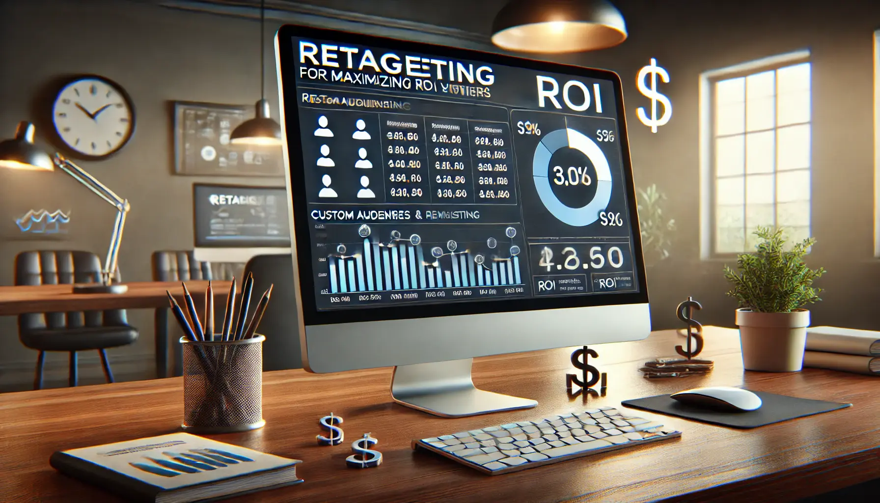 A computer screen displaying retargeting options such as custom audiences and remarketing, with symbols representing ROI like arrows, refresh icon, and dollar sign.