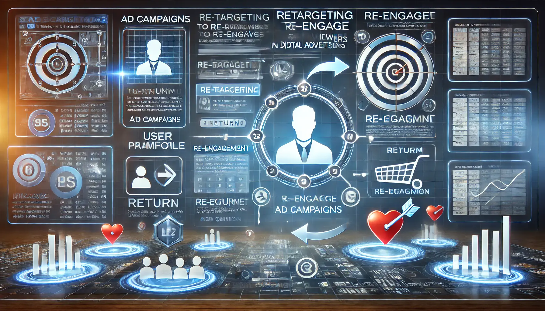 A digital dashboard showing retargeting ad campaigns with user profile data and re-engagement icons.