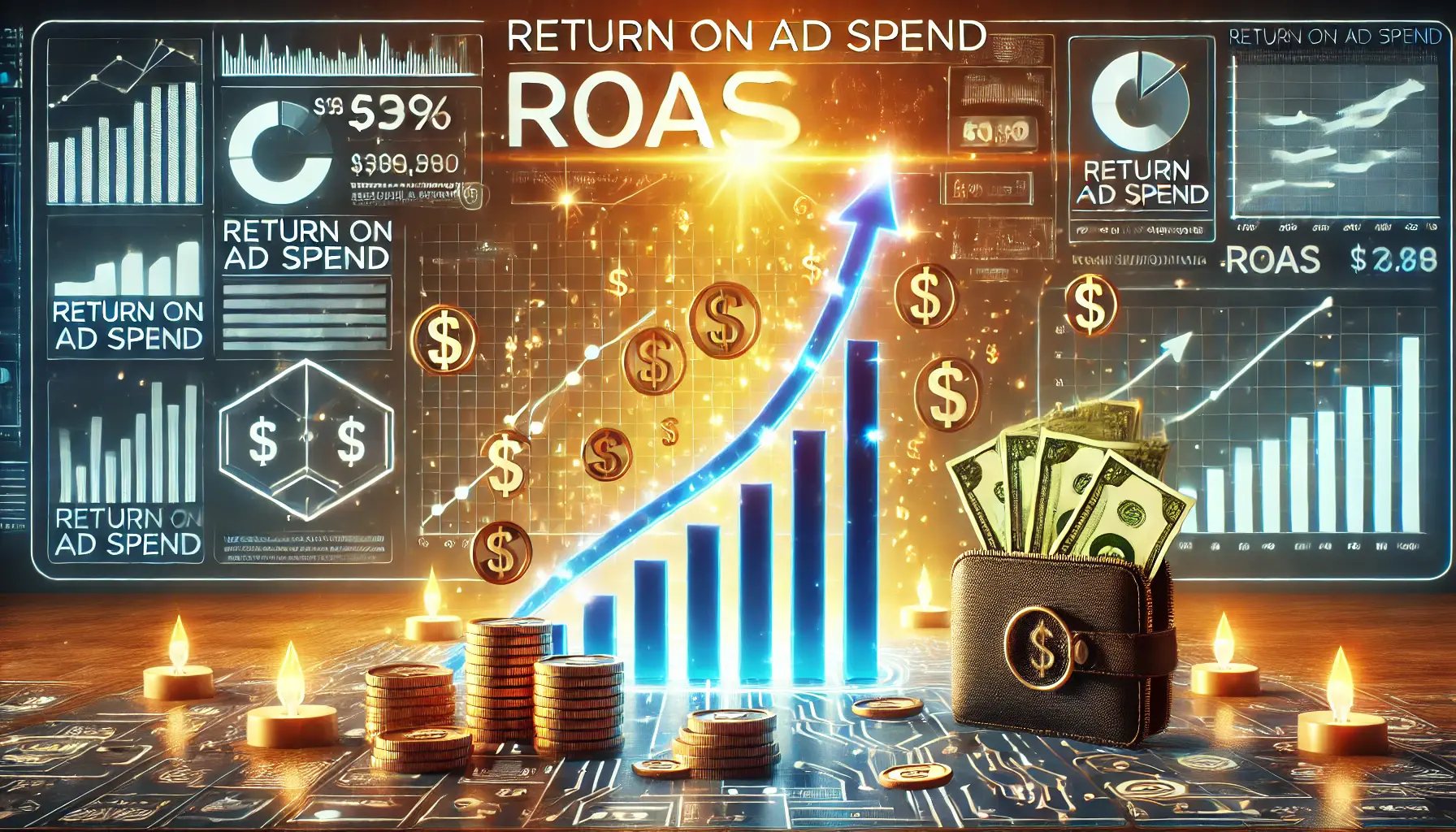 A glowing upward-trending chart with dollar signs and coins flowing back to a digital wallet, surrounded by analytics screens and performance metrics, representing Return on Ad Spend (ROAS).