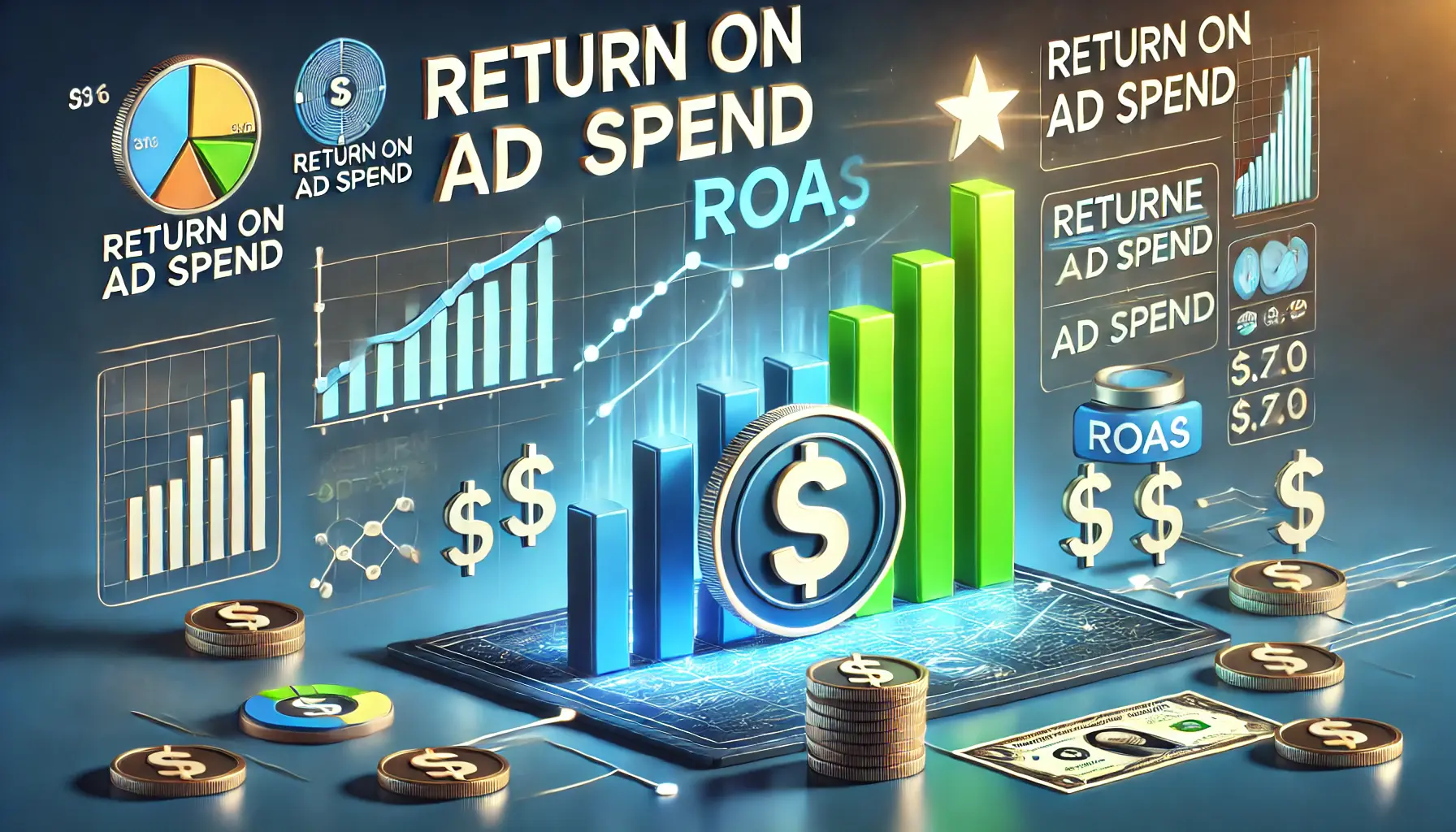 A digital marketing scene showing a bar graph with increasing revenue, dollar signs, and a coin icon representing Return on Ad Spend (ROAS).