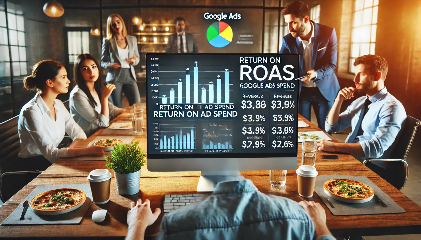 A restaurant marketing team reviewing return on ad spend (ROAS) data on a computer screen, discussing campaign profitability.