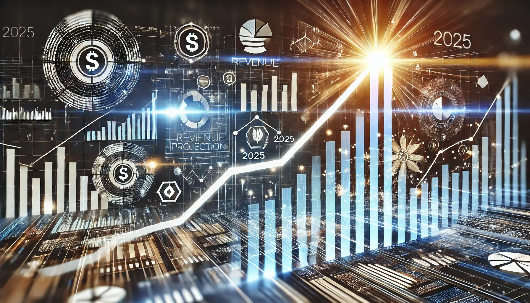 A professional representation of revenue projections for 2025 and beyond, featuring ascending financial graphs and growth indicators.