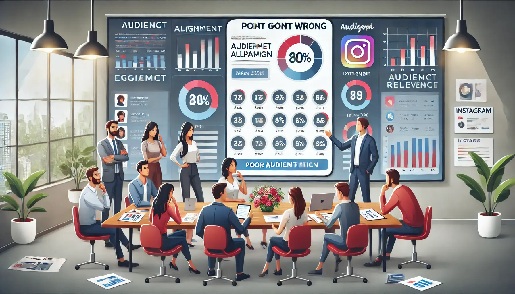 A digital marketing team reviewing an Instagram ad campaign that failed due to poor audience alignment, with low engagement metrics displayed on a screen.