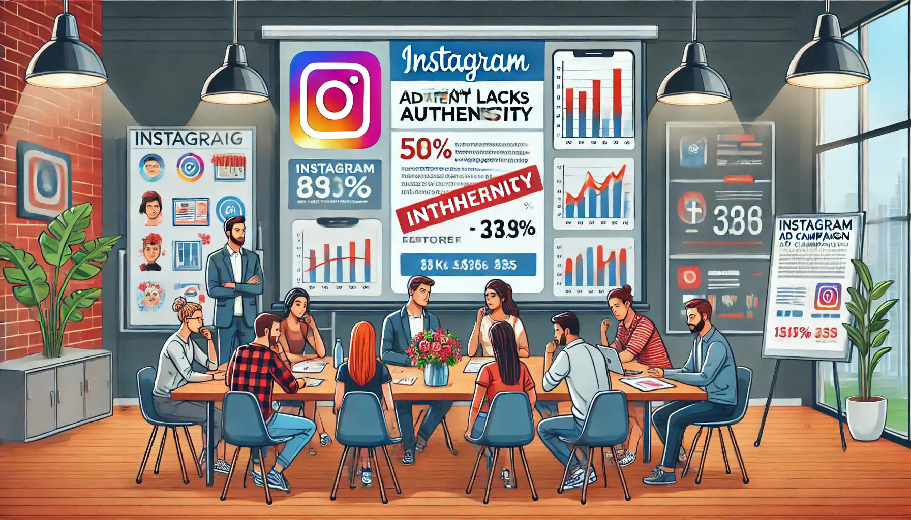 A digital marketing team reviewing an Instagram ad campaign that lacks authenticity, with underwhelming engagement metrics displayed on a screen.