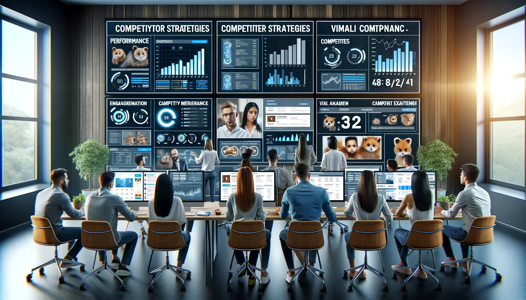 A group of digital marketers reviewing competitor strategies on large monitors, analyzing trends and performance metrics from social media campaigns.