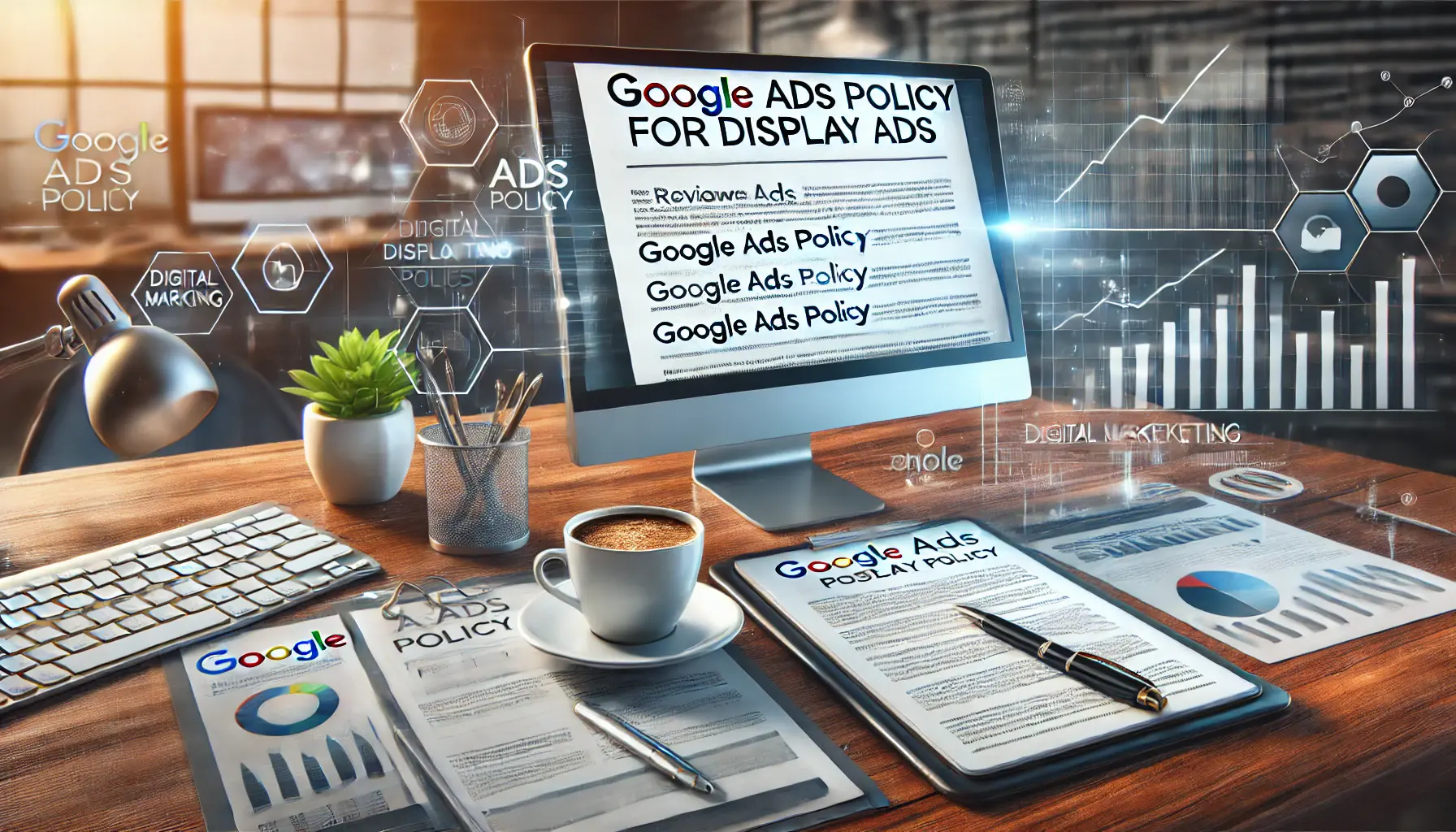 A desk with a computer screen displaying Google Ads policy documents, surrounded by a notebook, pen, coffee cup, and tablet with analytics.