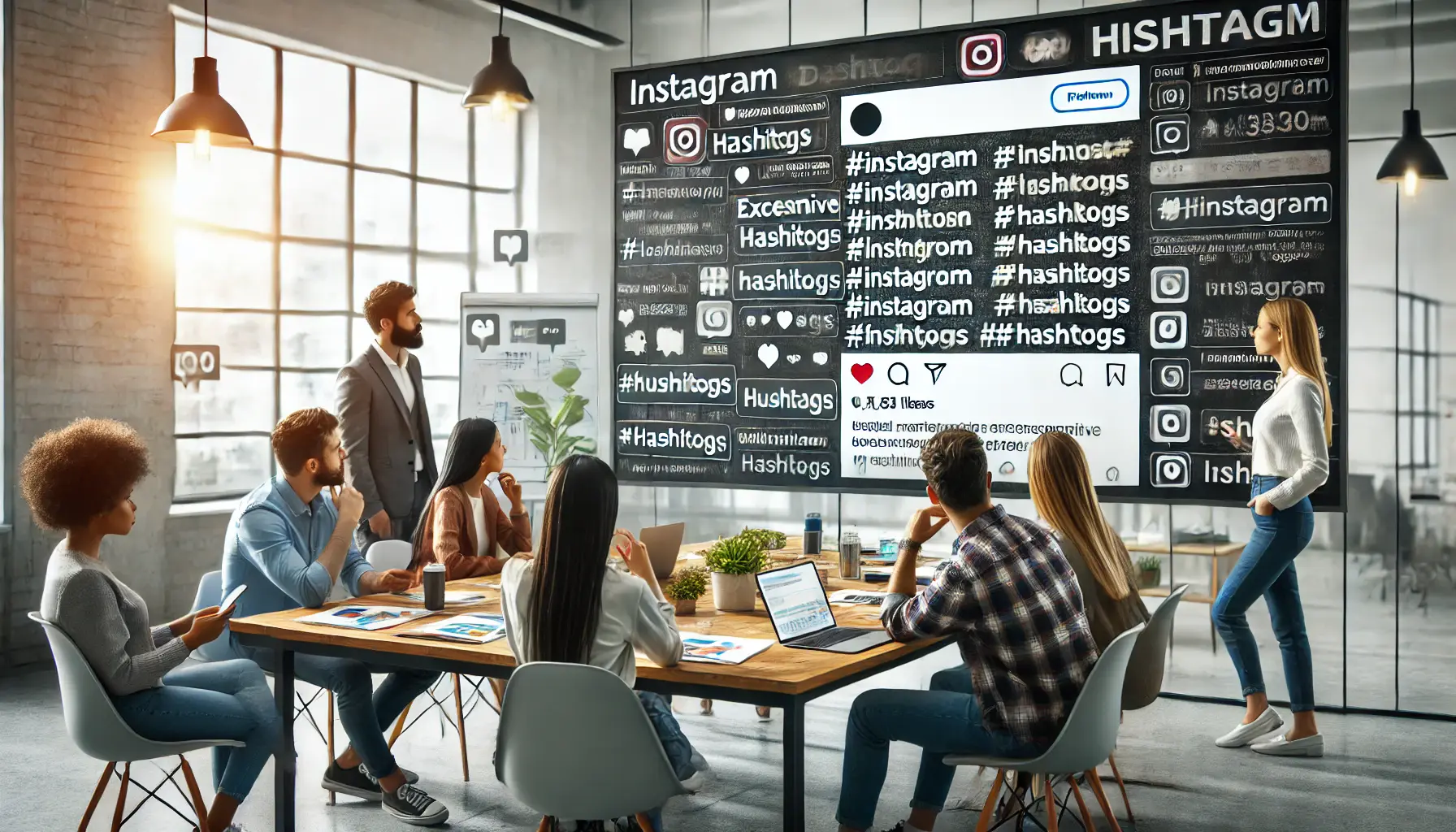 A digital marketing team reviewing an Instagram ad campaign with an overuse of hashtags on a large screen, discussing its negative impact on engagement.