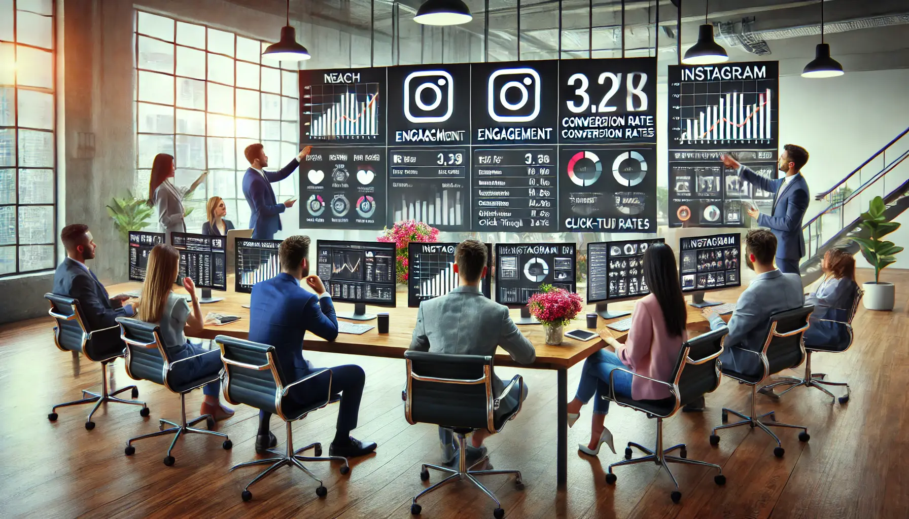 A marketing team reviewing key performance indicators (KPIs) like reach, engagement, conversion rates, and click-through rates on digital screens to evaluate Instagram ad performance.