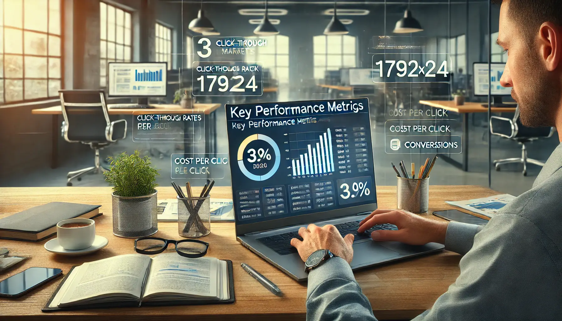 A digital marketer reviewing key performance metrics like click-through rates and conversions on a laptop screen, with a notebook, pen, and coffee cup on the desk in a modern office setting.