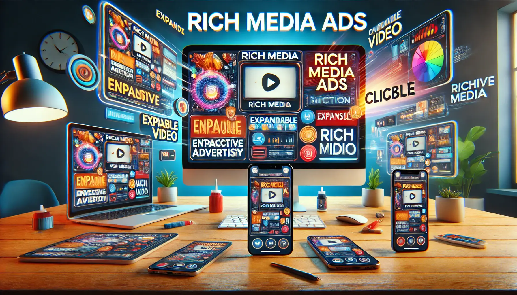 A screen displaying a rich media advertisement with interactive elements like videos, clickable buttons, and animations, surrounded by devices showing synchronized content.