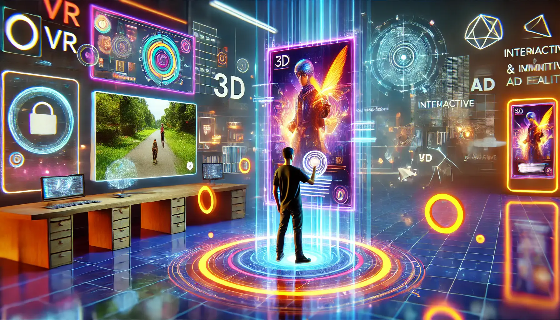 A user interacting with a holographic, interactive ad in a virtual reality environment, surrounded by digital elements.