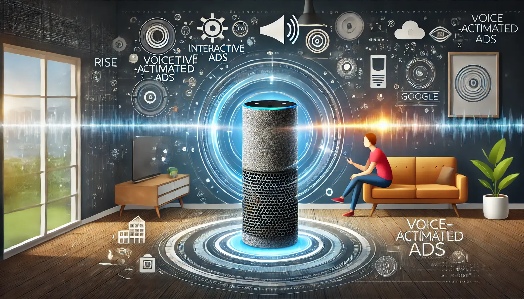 A digital illustration showing a person interacting with a smart speaker in a living room, with visual cues like soundwaves and speech bubbles representing voice-activated ads.