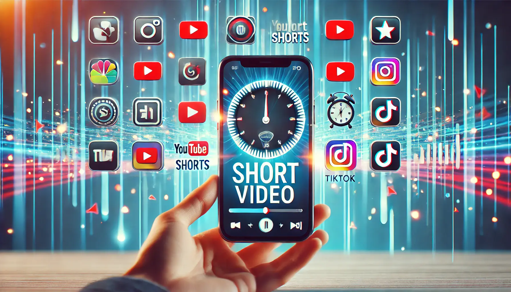 A smartphone screen displaying a short video with a timer, surrounded by icons representing platforms like YouTube Shorts, Instagram Reels, and TikTok.