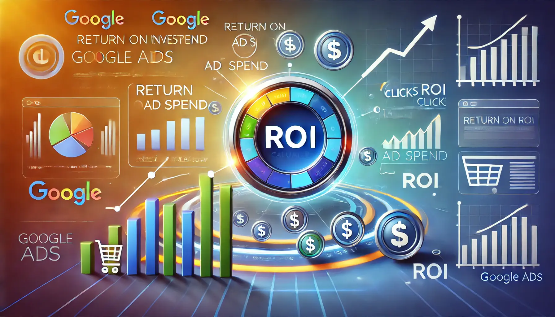 Illustration of revenue growth charts and an ROI calculator surrounded by ad clicks and purchase icons, representing ROAS measurement.