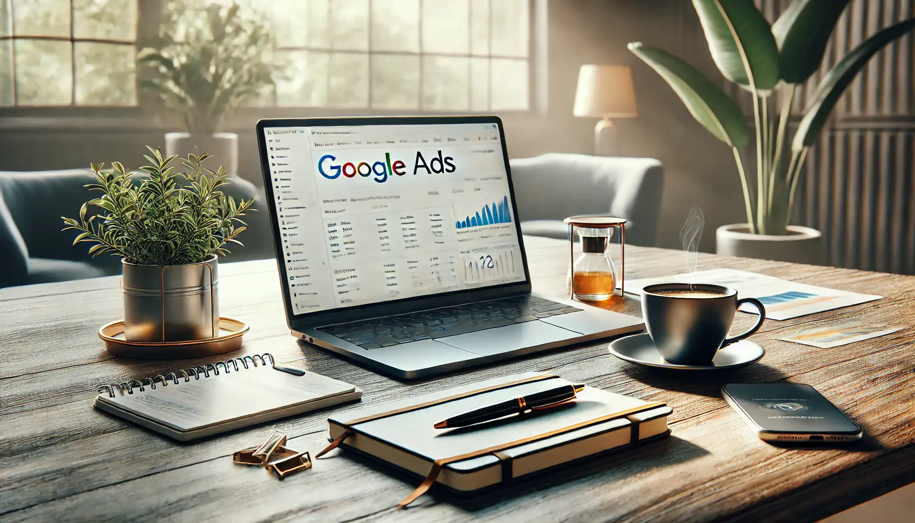 A professional digital marketing workspace featuring a laptop with a Google Ads dashboard, notebook, pen, and coffee cup, illuminated by natural light.