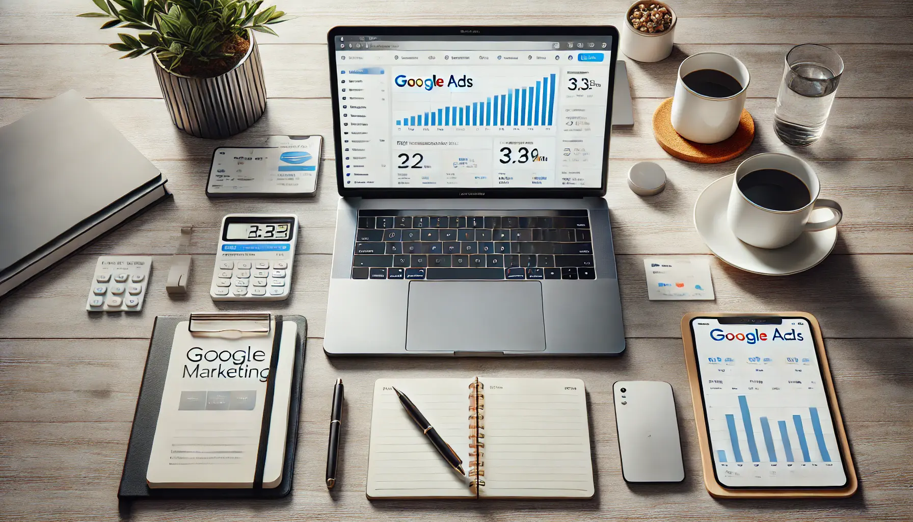 A workspace featuring a laptop with a Google Ads dashboard surrounded by office tools, emphasizing ROI and data analytics.