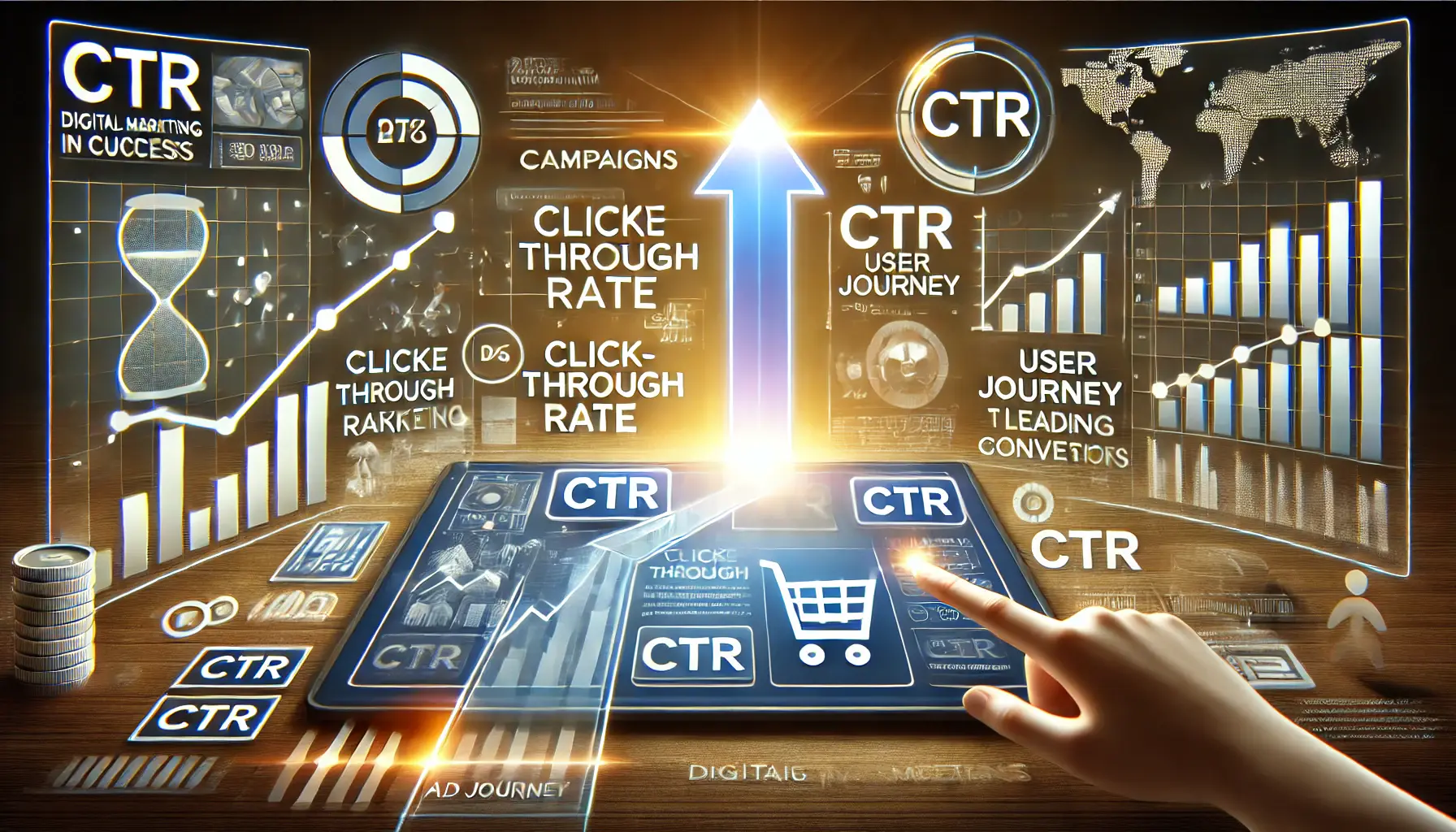 Illustration featuring a digital marketing dashboard with CTR metrics, an upward trending graph, and user engagement visuals.