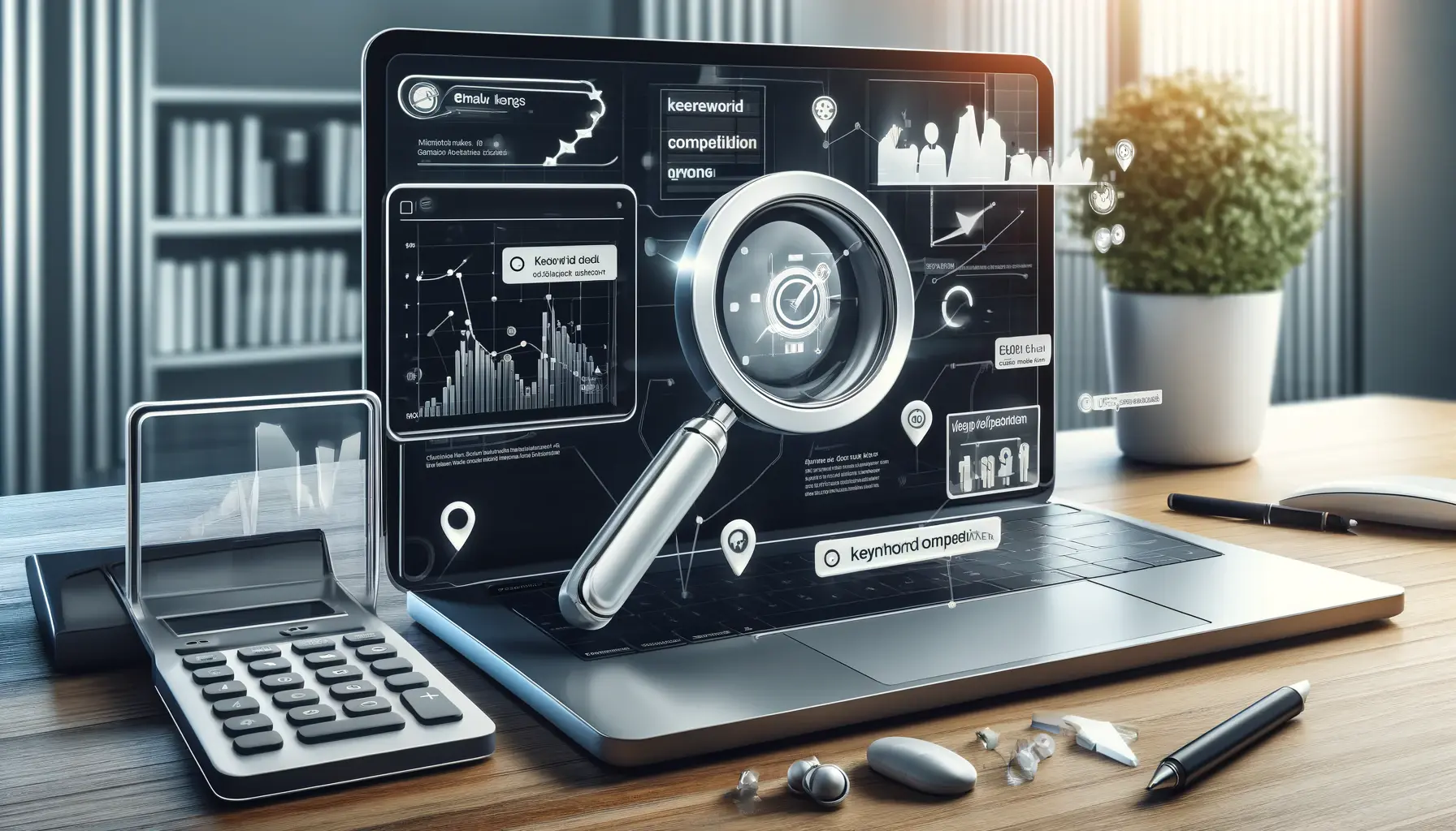 A digital marketing workspace with a laptop displaying a keyword research tool and graphs showing keyword competition and cost estimates.