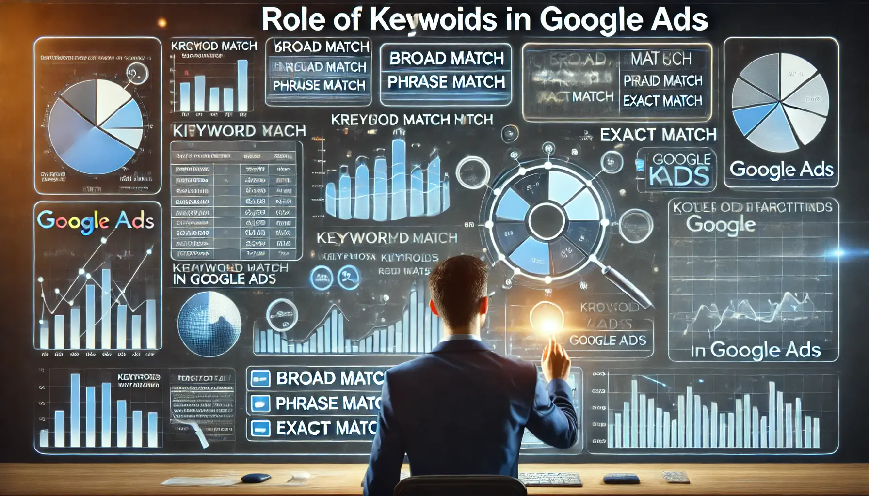 An illustration of a marketer analyzing keyword data, including broad match, phrase match, and exact match types for Google Ads.