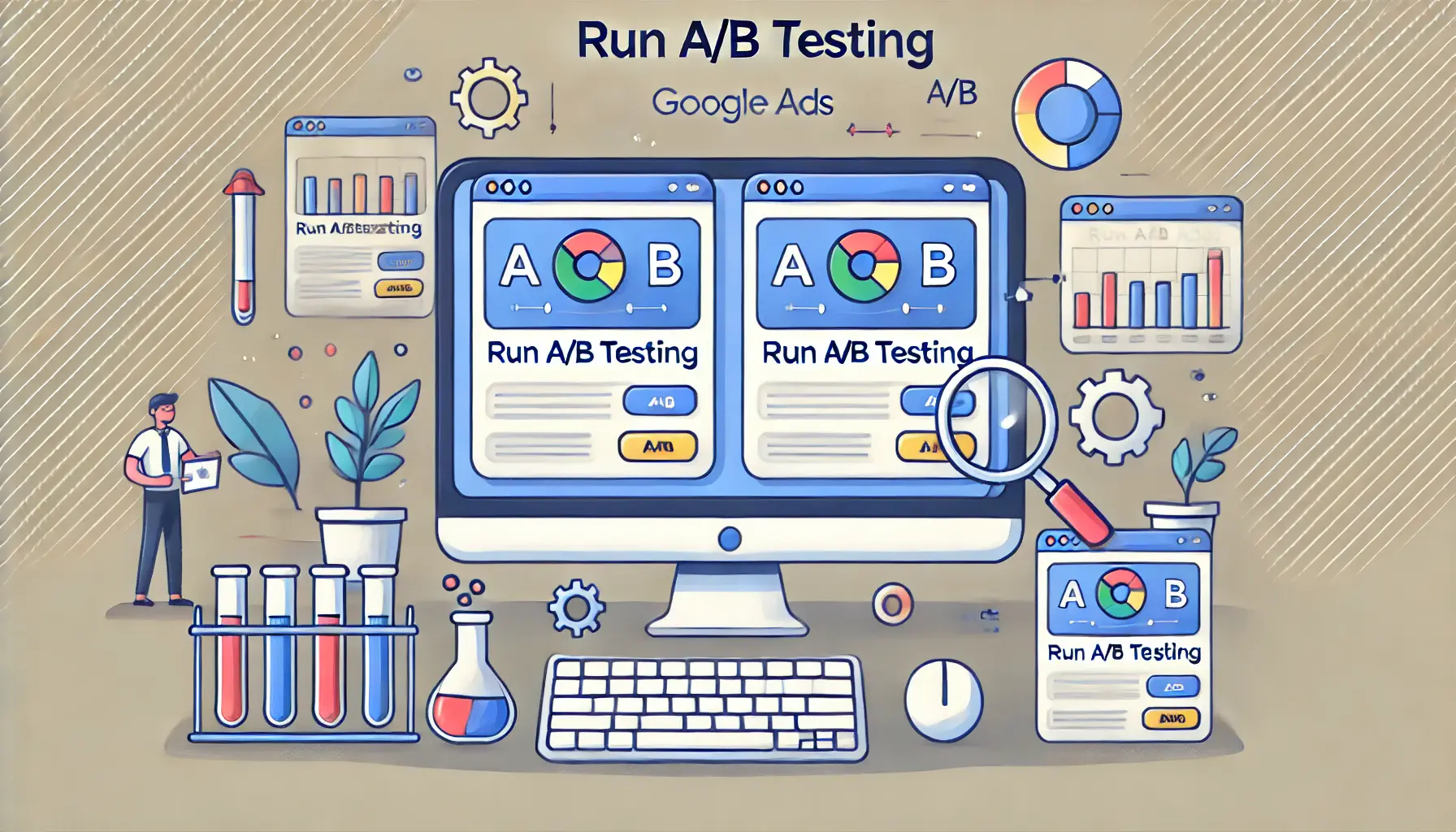 A computer screen displaying two versions of a Google Ads campaign with variations in design or content, surrounded by symbols of testing like a magnifying glass, test tubes, and bar charts.