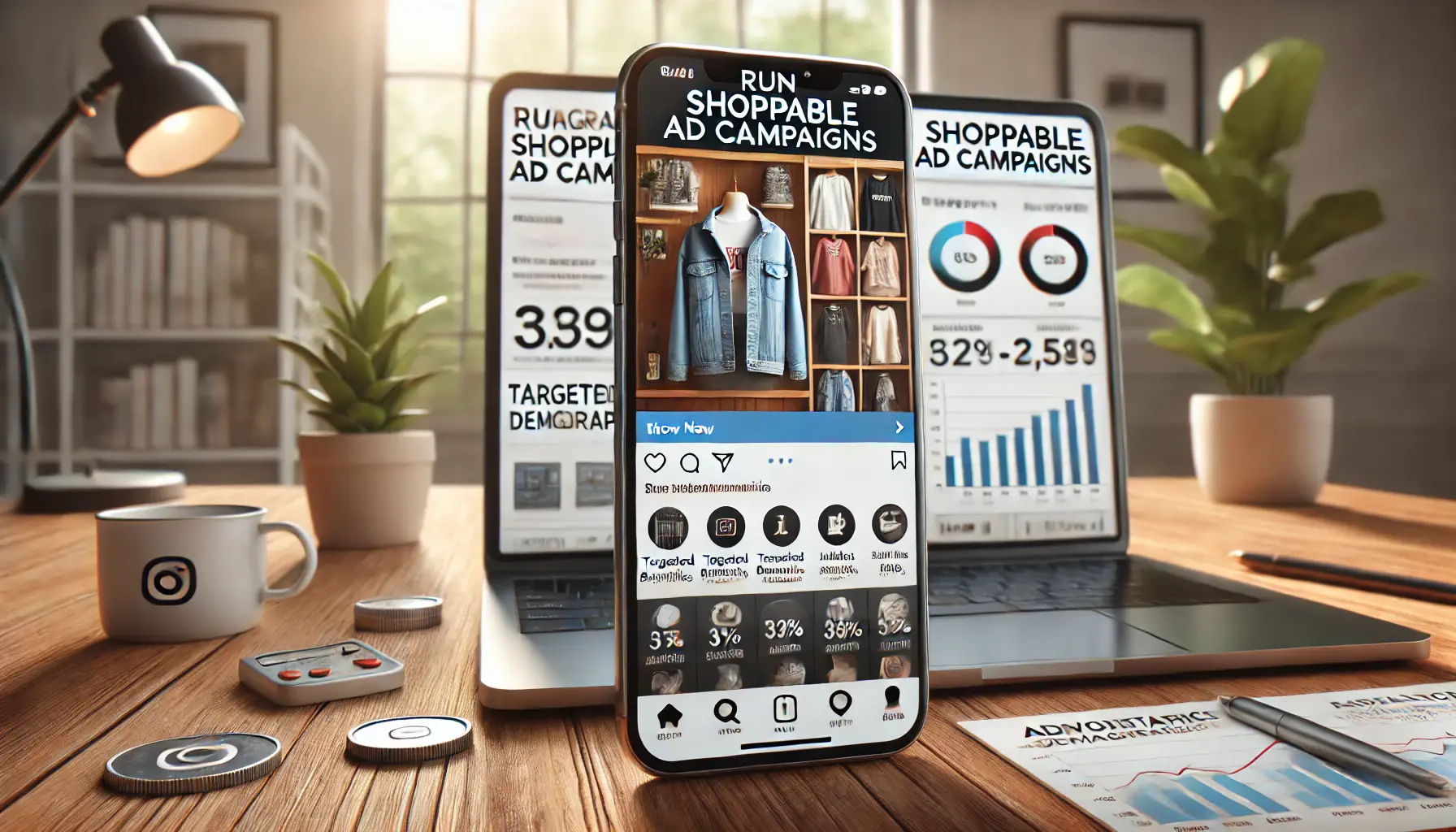 A smartphone displaying an Instagram shoppable ad campaign, with products and tags, alongside a laptop showing an advertisement dashboard with analytics and demographics.