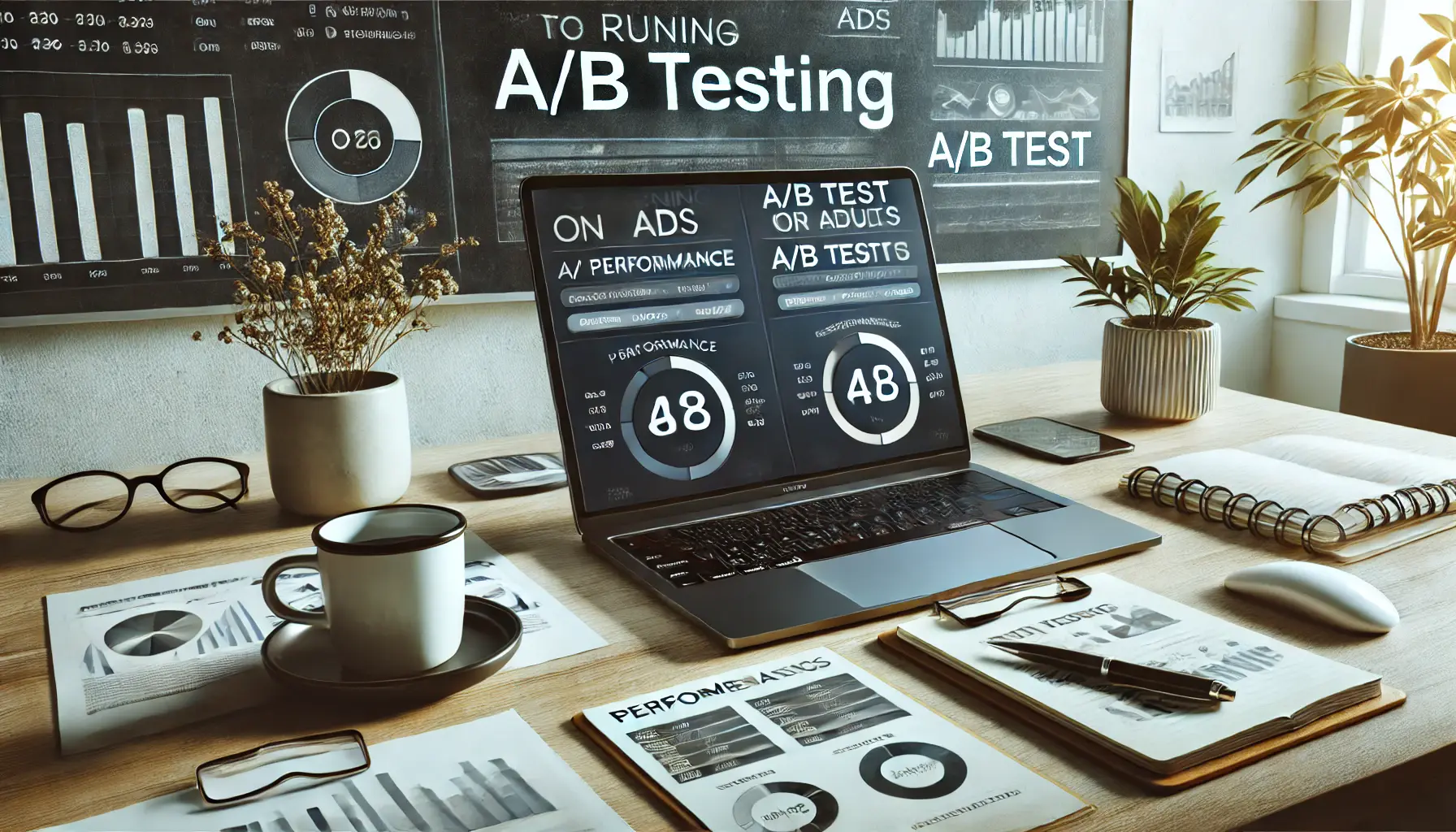 A digital marketing workspace with a laptop displaying A/B test results for ads.