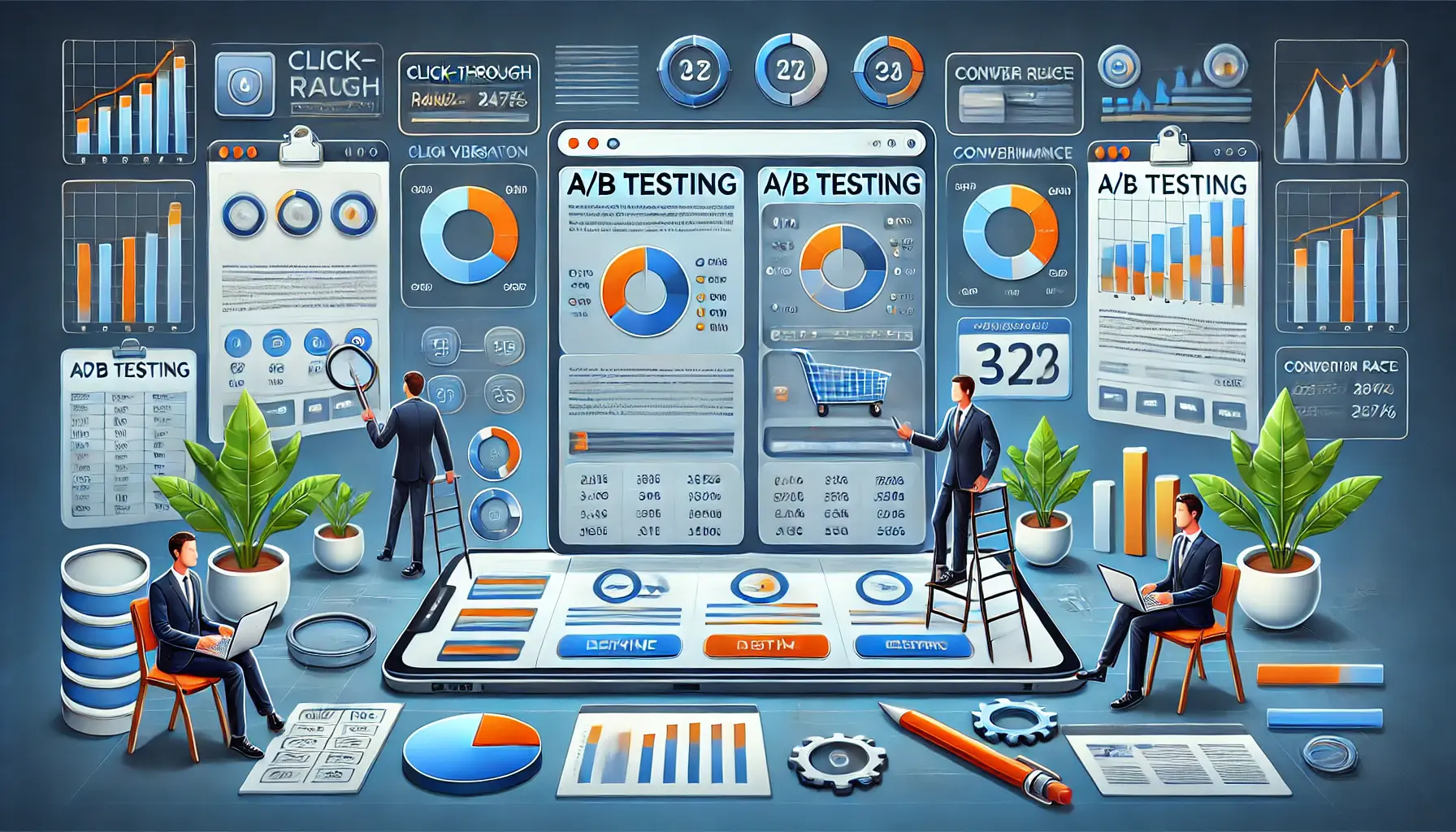 An image illustrating the process of running A/B testing in digital marketing, with side-by-side performance comparisons.