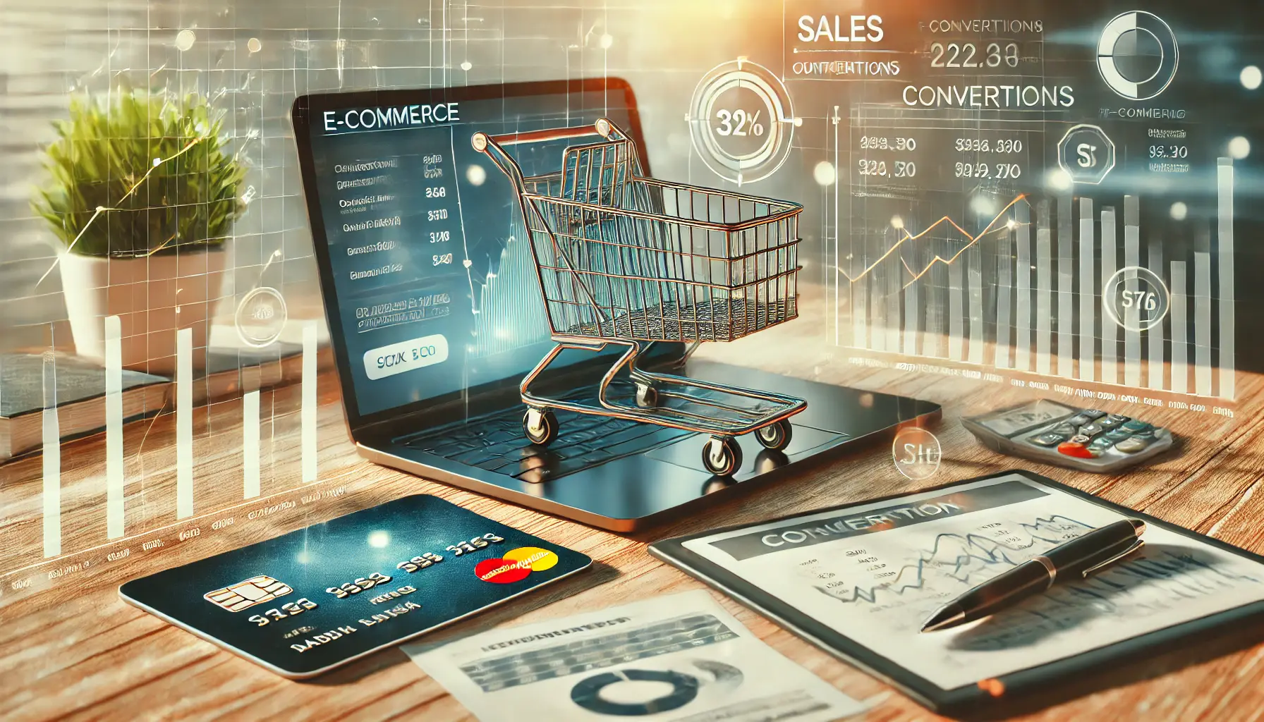 An e-commerce setup with a laptop displaying a shopping cart checkout page, a credit card, and a tablet showing a revenue growth graph.