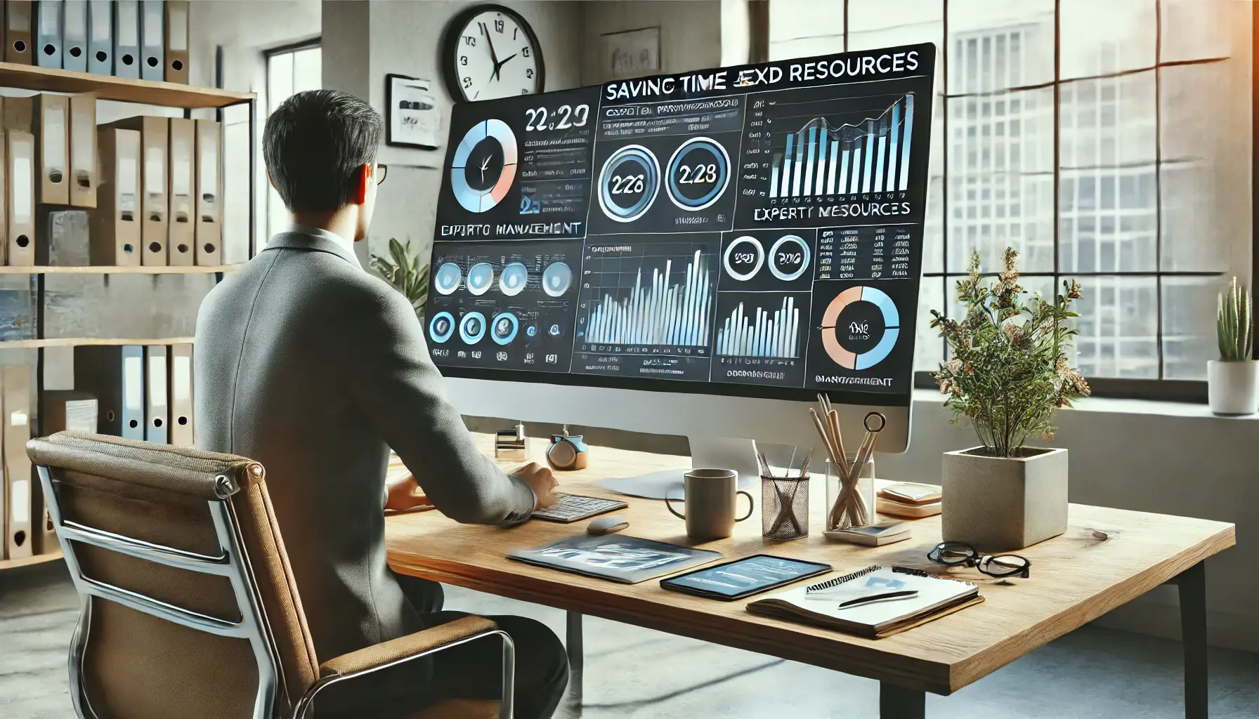 A digital marketer managing tasks on a computer in a modern office, with dashboards displaying streamlined processes and campaign data.