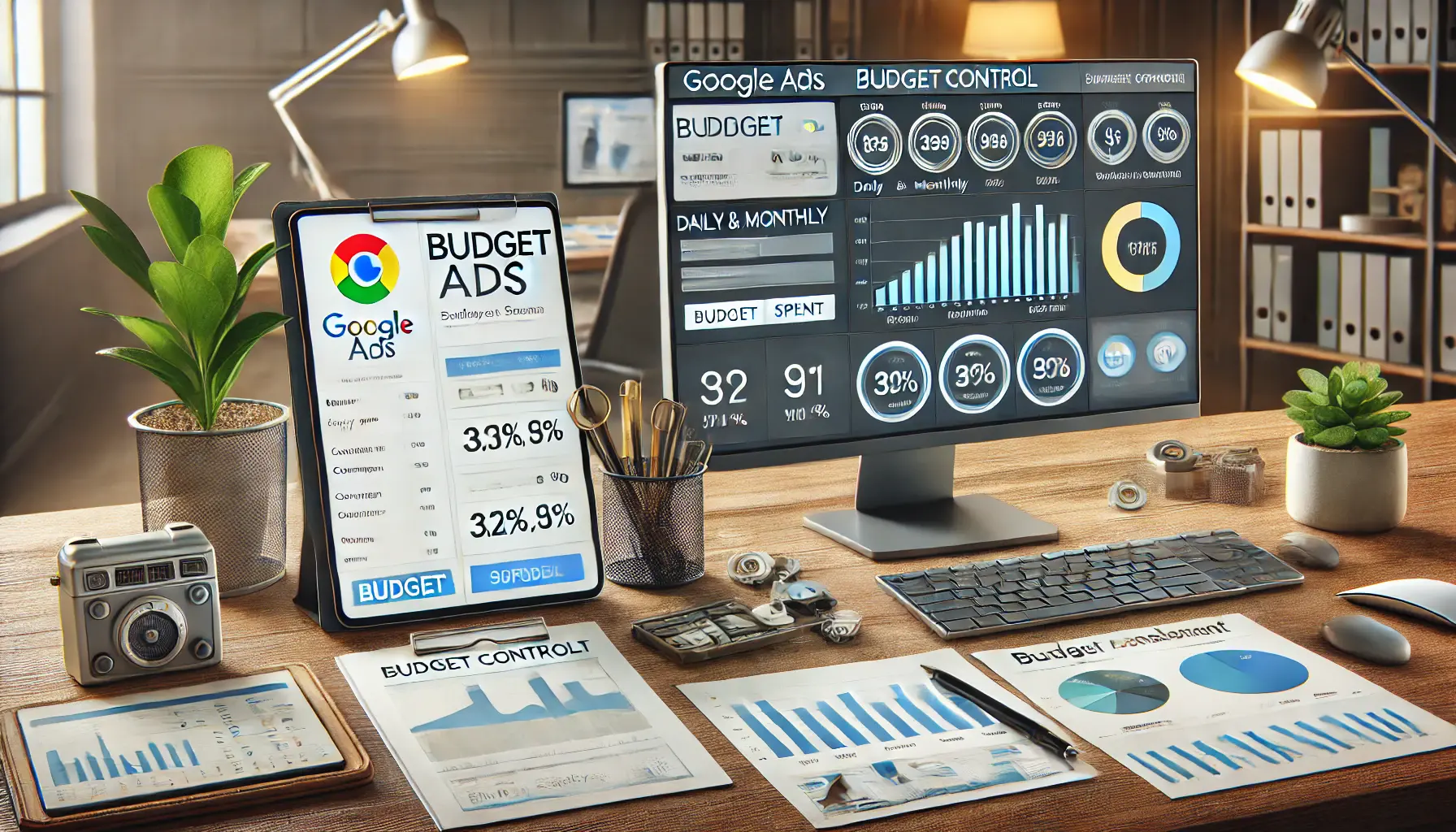 A workspace showing Google Ads budget settings on a computer, with graphs, a tablet, and cost analysis documents.