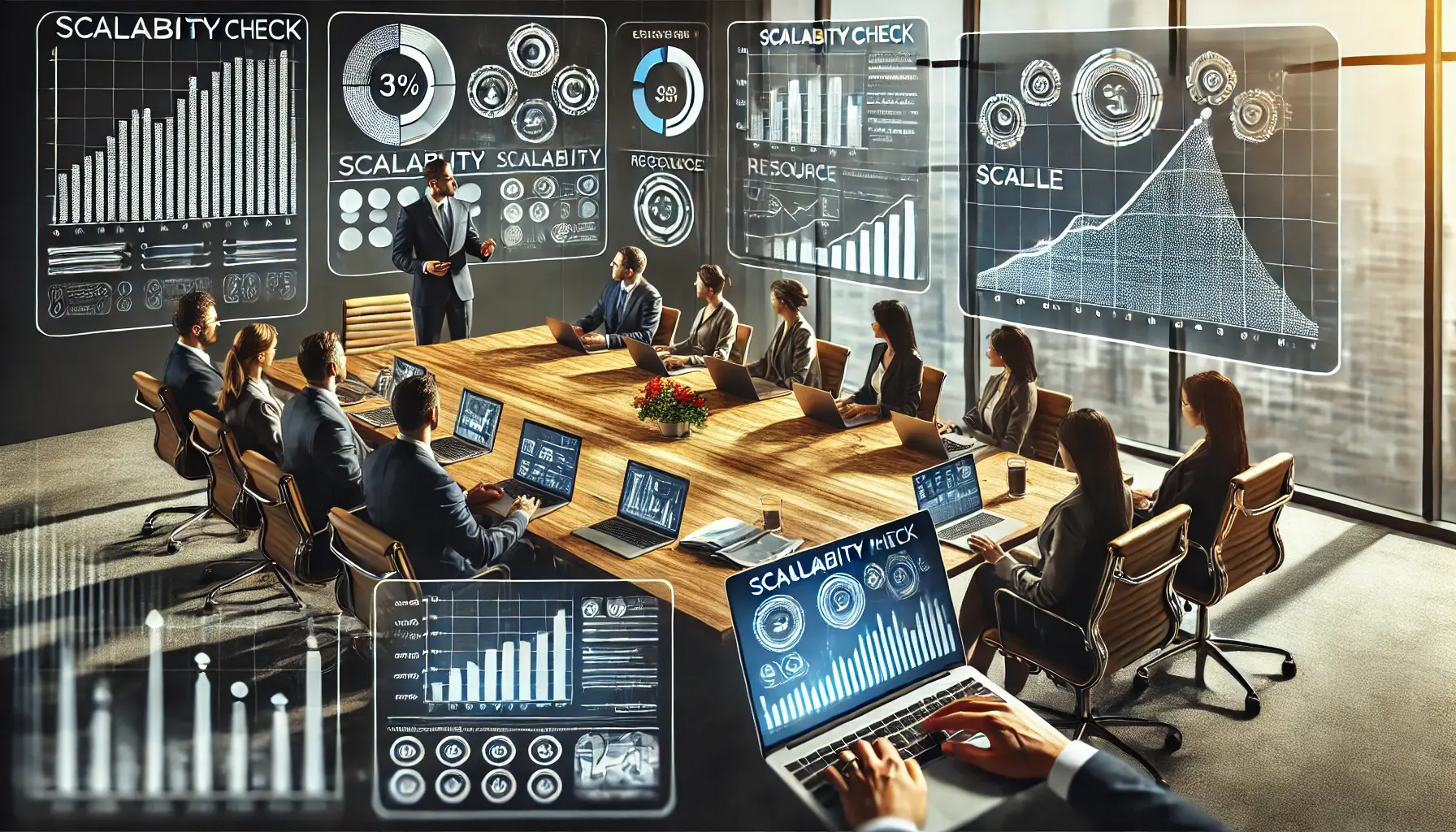 A team analyzing scalability for a business project in a professional office setting.