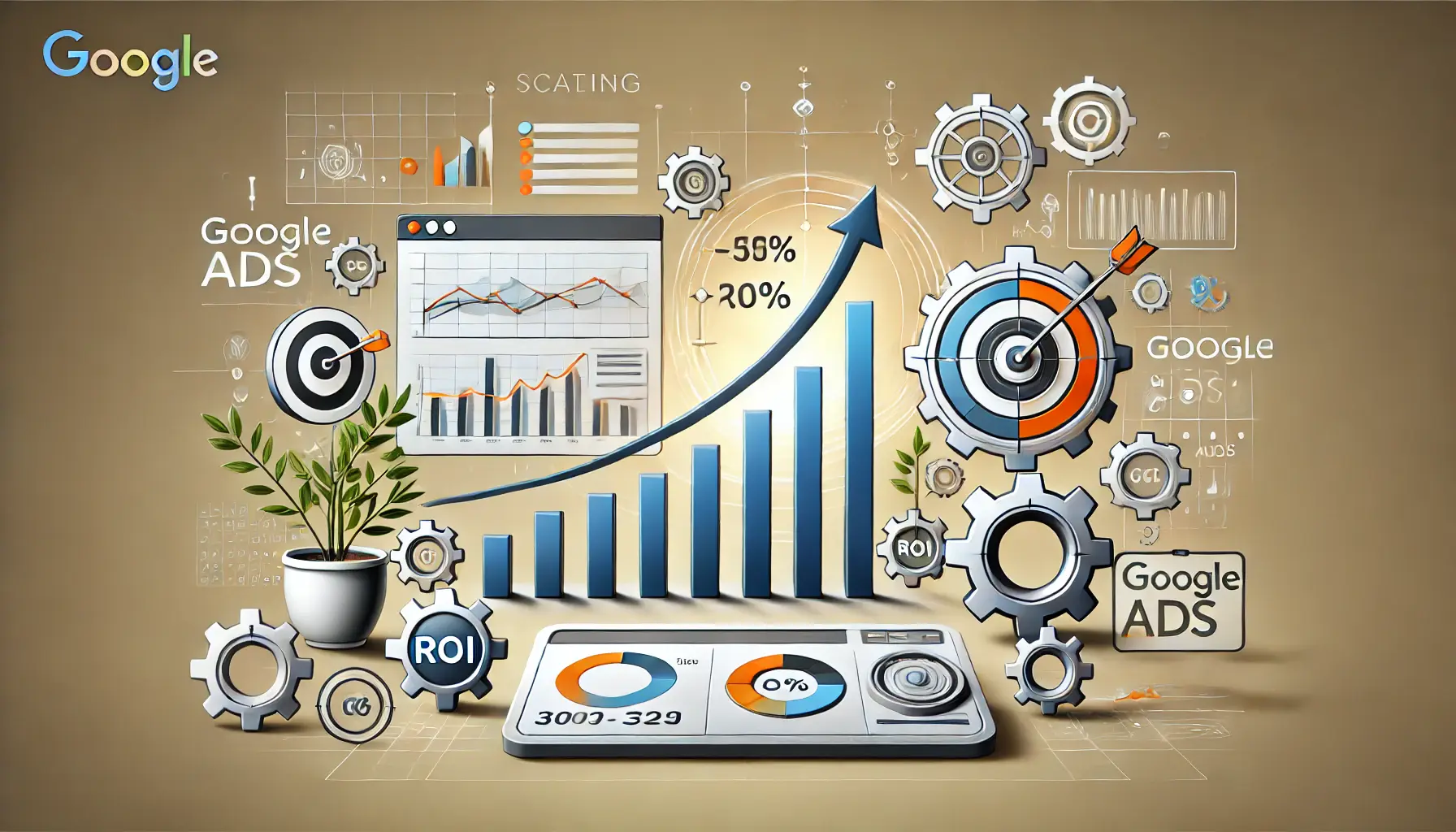 An illustration representing scaling and sustaining success in Google Ads, featuring a growing bar graph, digital dashboard, and symbols like gears and targets.