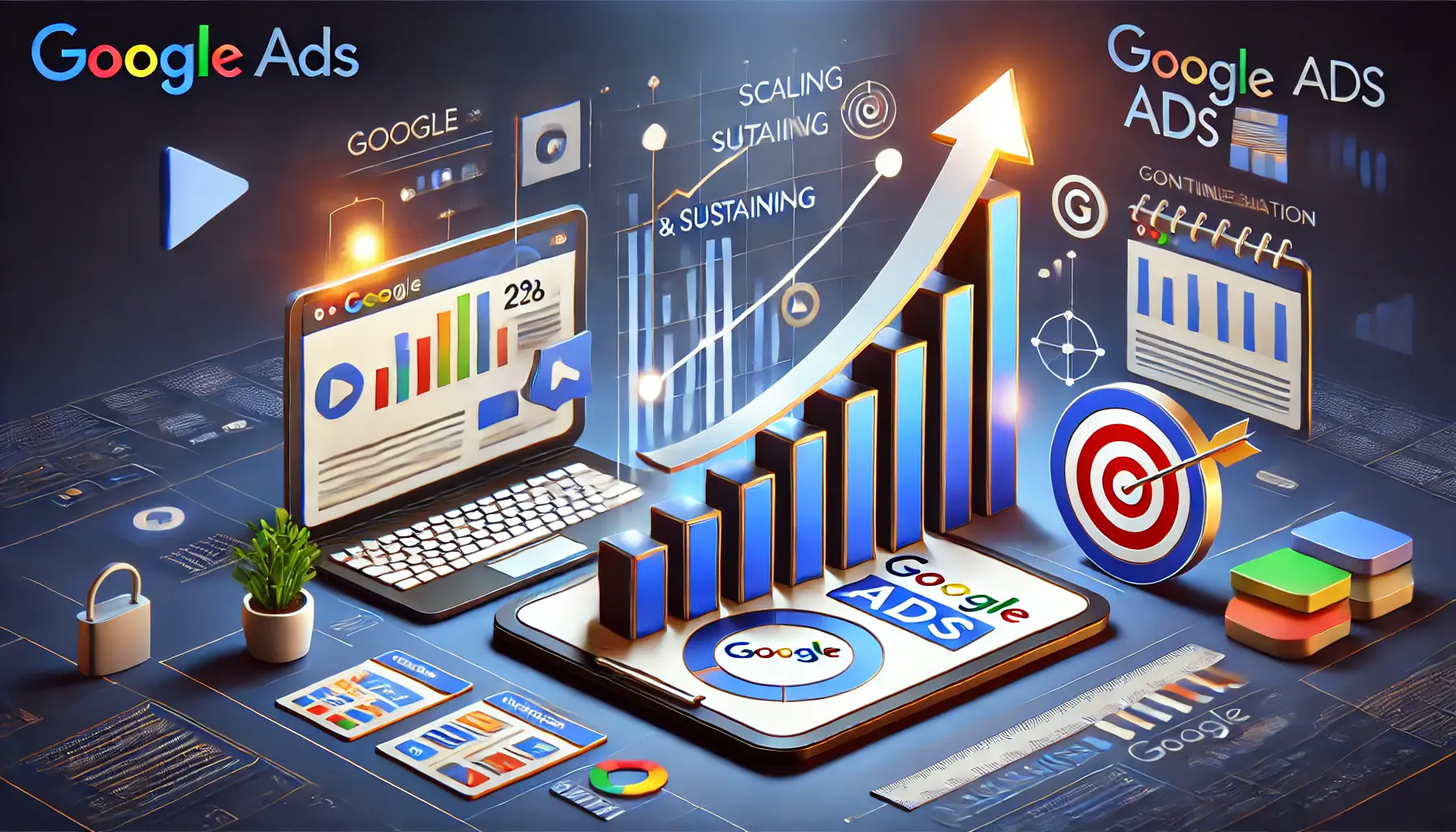 An illustration representing scaling and sustaining Google Ads success, featuring a growing bar graph, digital ads, a target, and a progress bar.