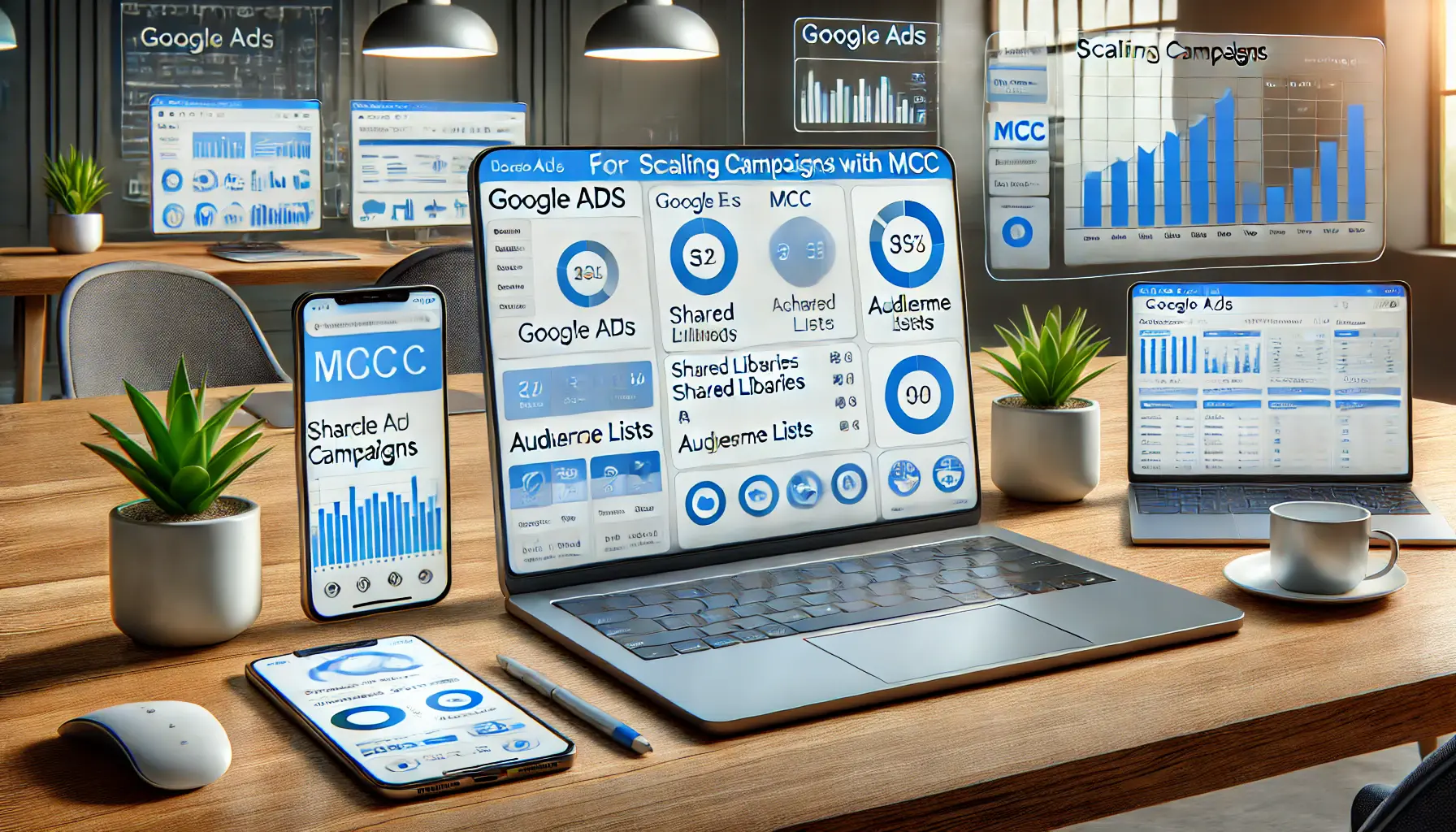 A workspace with a laptop displaying MCC tools for scaling campaigns, surrounded by devices showing templates and analytics.