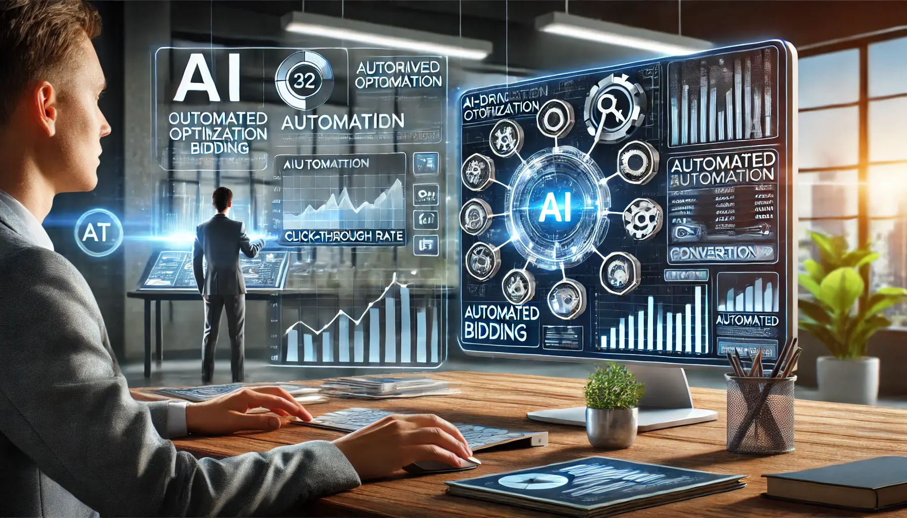 A marketer interacting with a digital dashboard showing AI-driven optimization tools, automated bidding, and performance metrics like CTR and conversion rate.