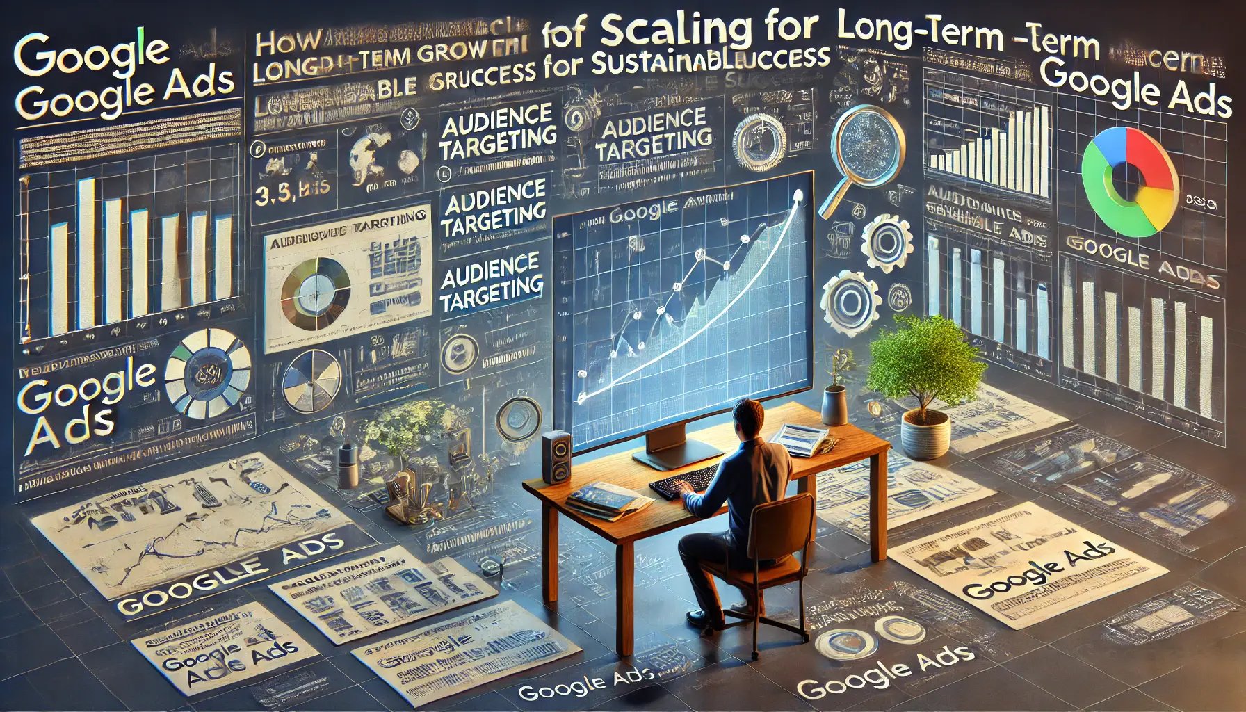 A digital marketer analyzing performance data and growth strategies on a computer, with a graph showing steady growth and audience targeting data.