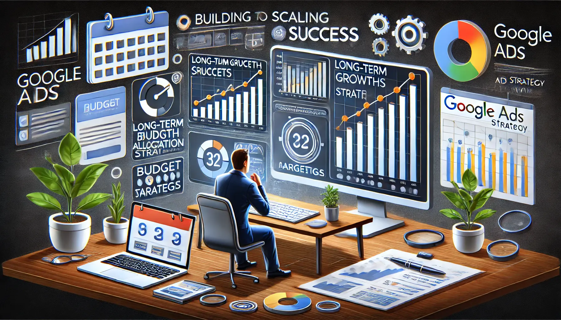 A digital marketer analyzing performance metrics, long-term growth graphs, and budget allocation to scale a sustainable Google Ads strategy.