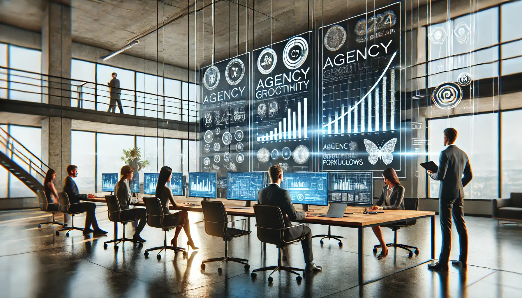 A modern office with a team efficiently managing workflows and agency growth using advanced technology.