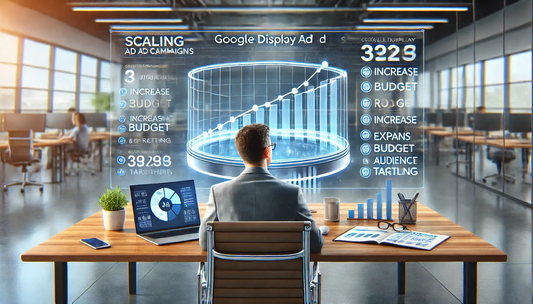 An image of a professional reviewing campaign performance metrics and scaling a Google Display Ad campaign by adjusting budget and audience targeting.