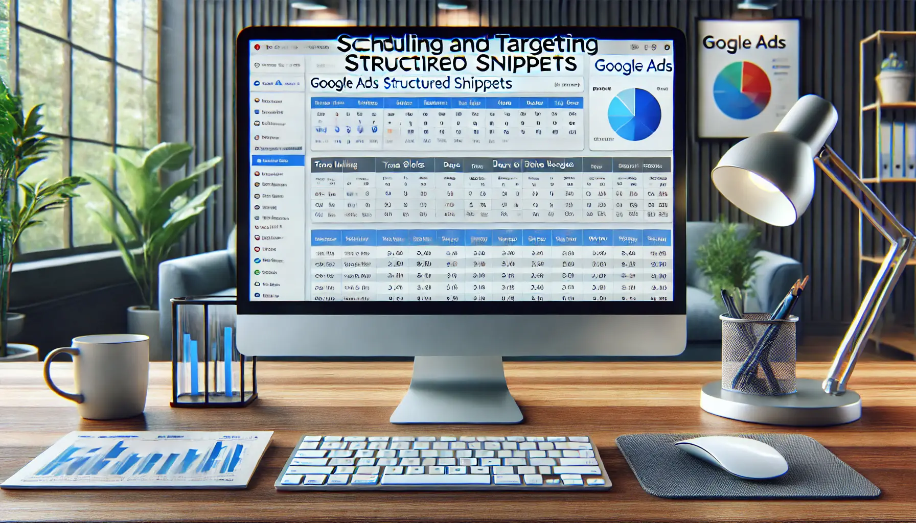 A Google Ads dashboard showcasing scheduling options for structured snippets, including time slots, days, and date ranges, in a professional workspace.