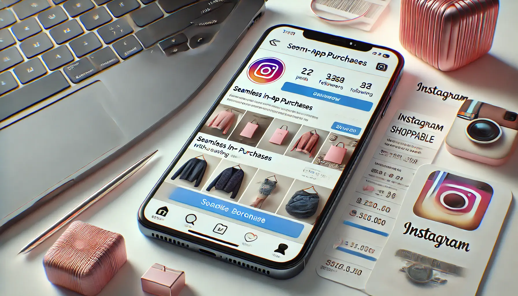 A smartphone displaying an Instagram shoppable post, with the user making a purchase through a seamless in-app checkout process.