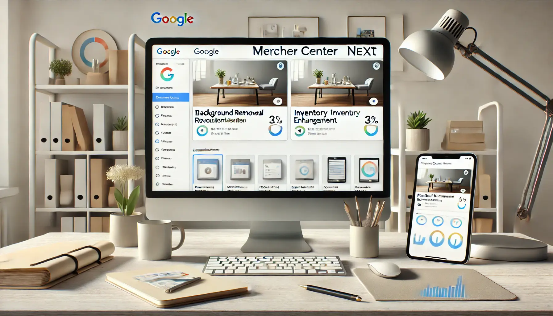 A computer screen displaying Google's Merchant Center Next interface with product editing tools, surrounded by a tablet and smartphone showing synchronized updates.