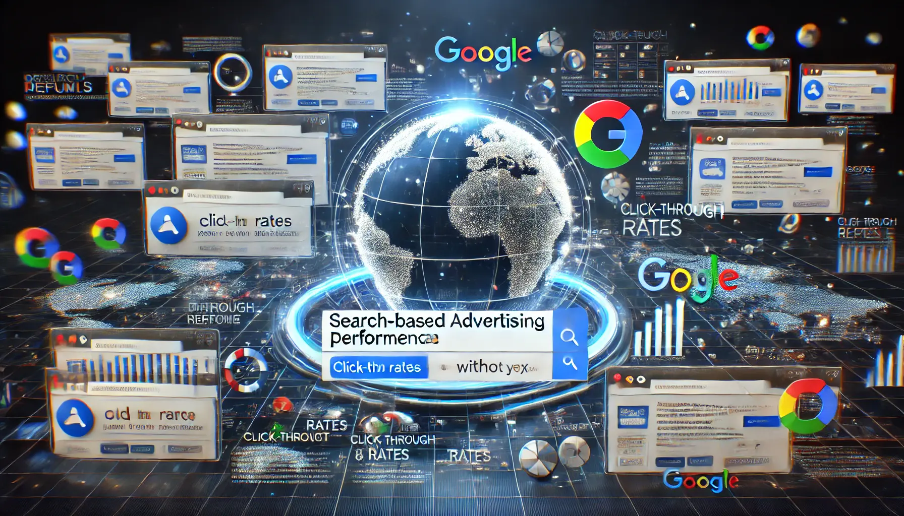 A professional and realistic representation of search-based advertising performance, showcasing Google Search interface with ad placements and performance indicators.